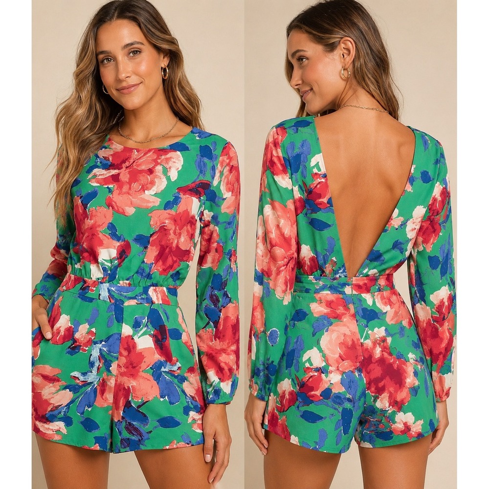 Lulus Green Floral Long Sleeve Backless Romper NH574486WD Womens Small